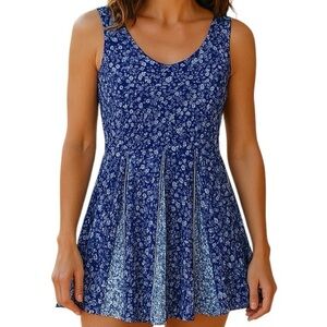 RELATIVITY Dress mini V neck Pull over Tank style Blue White Crinkly fabric